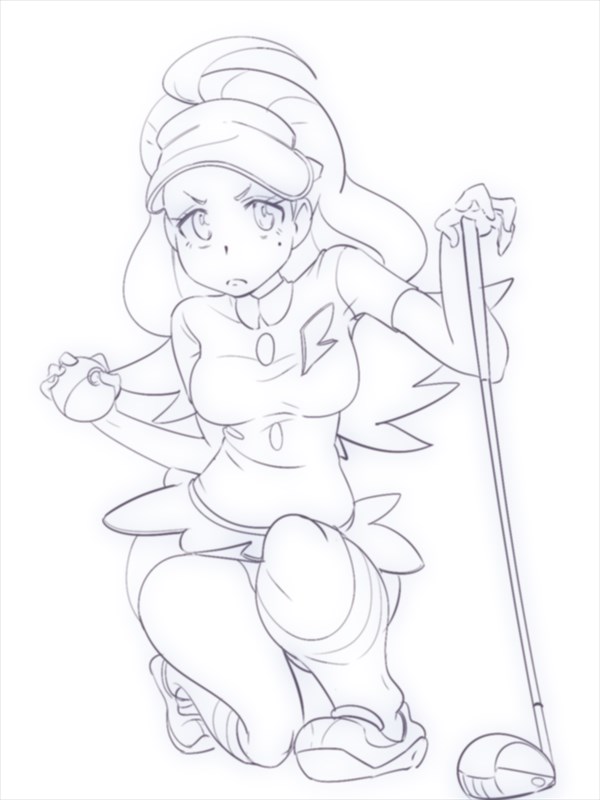 1girl ahoge bad_id bad_pixiv_id border breasts closed_mouth collared_shirt elite_four female_focus full_body golf_club greyscale hands_up holding holding_poke_ball kahili_(pokemon) kneehighs lineart long_hair looking_at_viewer medium_breasts miniskirt mole mole_under_eye monochrome nintendo on_one_knee pencil_skirt poke_ball poke_ball_(basic) pokemon pokemon_sm shirt shoes short_sleeves simple_background sketch skirt socks solo v-shaped_eyebrows visor_cap white_background zaitsu