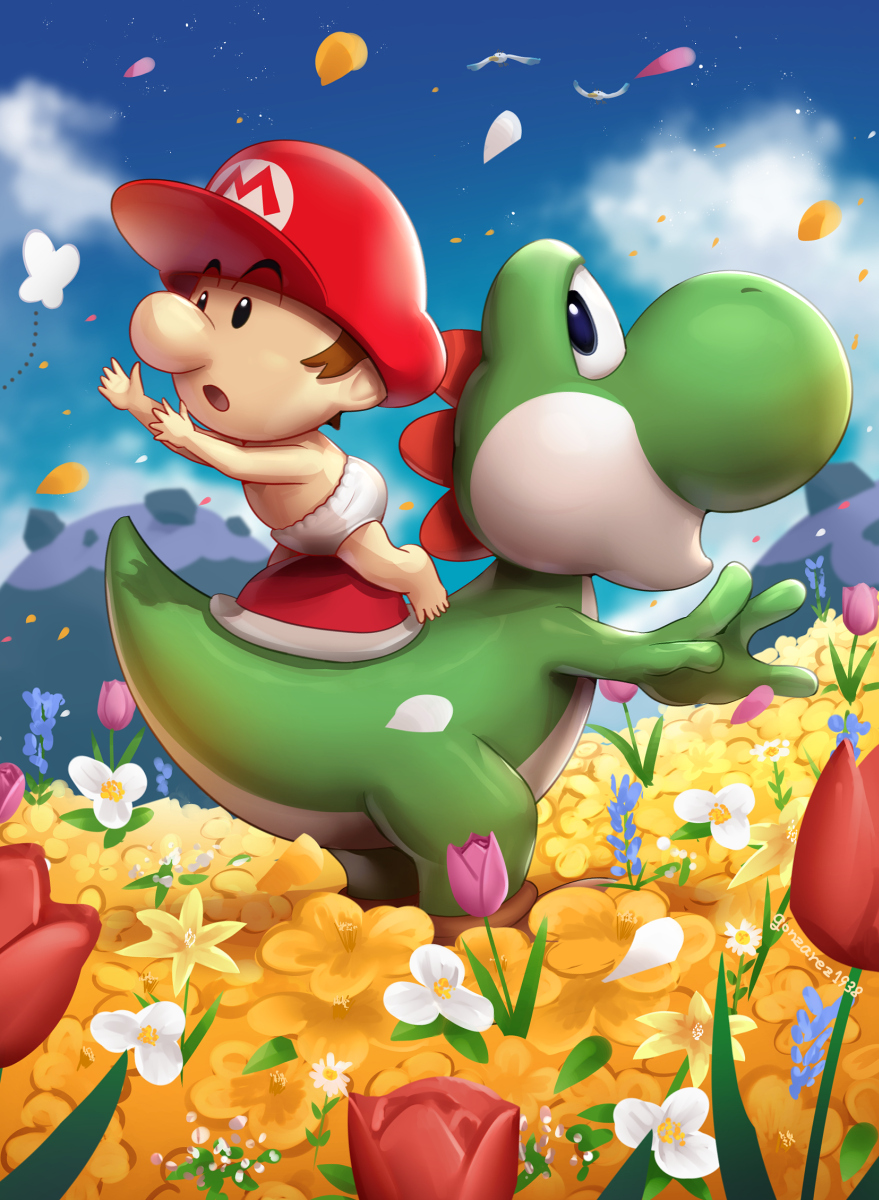 1boy baby baby_mario barefoot bird black_eyes blue_sky brown_footwear brown_hair cloud commentary_request day diaper eyebrows_visible_through_hat flower gonzarez goonie hat highres male_focus mario mario_(series) nintendo open_mouth outdoors outstretched_arms petals pink_flower purple_flower red_flower red_headwear red_rose rose shoes sitting sitting_on_animal sky super_mario_world_2:_yoshi&#039;s_island twitter_username white_flower wind yellow_flower yoshi