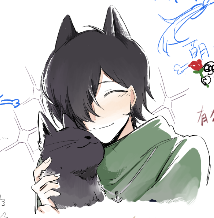 1boy aiba_ibuki anchor_necklace animal_ears black_cat black_hair cat cat_ears chinese_commentary closed_eyes closed_mouth commentary cropped_shoulders fengyezi708 green_jacket jacket jewelry male_focus necklace saibou_shinkyoku short_hair smile solo white_background
