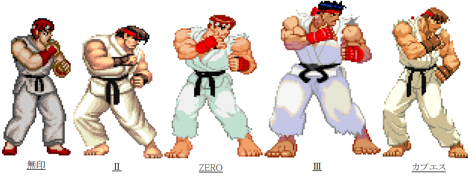 1980s_(style) 1990s_(style) auburn_hair black_hair brown_hair capcom capcom_vs_snk comparison dougi evolution headband karate karate_gi male_focus muscular oldschool pixel_art red_hair retro_artstyle ryu_(street_fighter) snk street_fighter street_fighter_1 street_fighter_ii_(series) street_fighter_iii_(series) street_fighter_zero_(series)