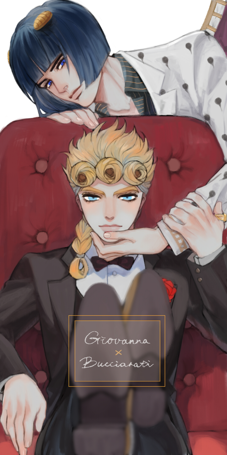 2boys black_hair blonde_hair blue_eyes blurry bob_cut bow bowtie braid bruno_bucciarati chair crossed_legs depth_of_field flower foreshortening giorno_giovanna hair_ornament hairclip highres jewelry jojo_no_kimyou_na_bouken male_focus multiple_boys pkynocardia red_upholstery ring rose single_braid sitting tuxedo vento_aureo victory_rolls