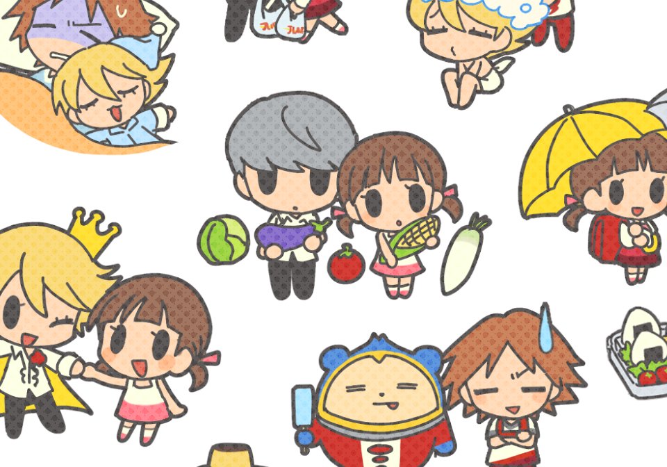 bag cabbage crown doujima_nanako eggplant food grocery_bag hanamura_yousuke hat holding holding_corn holding_food holding_popsicle holding_vegetable kuma_(persona_4) narukami_yu nightcap nt_26 official_alternate_costume onigiri persona persona_4 popsicle pudding shopping_bag sleeping sleeping_on_person tomato vegetable