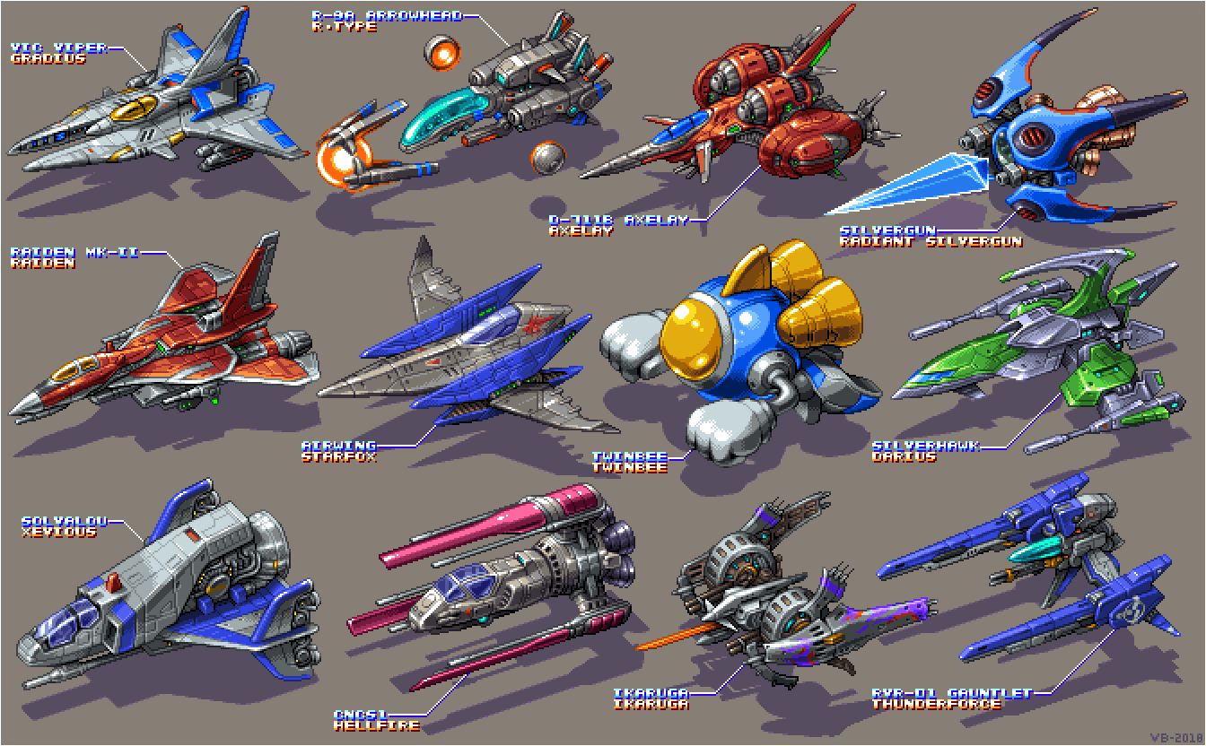 aircraft airplane arwing axelay cncs1_(hellfire) commentary d-117_axelay darius_(series) fighter_jet gradius hellfire_(videogame) ikaruga ikaruga_(ship) irem isometric konami military military_vehicle namco nintendo no_humans pixel_art r-9a_arrowhead r-type radiant_silvergun raiden_(series) raiden_mk-ii rvr-01_gauntlet sega silver_hawk silvergun_(ship) solvalou_(xevious) spacecraft star_fox starfighter taito text_focus thunder_force toaplan treasure_(developer) twinbee twinbee_(character) vehicle_focus vic_viper vierbit xevious