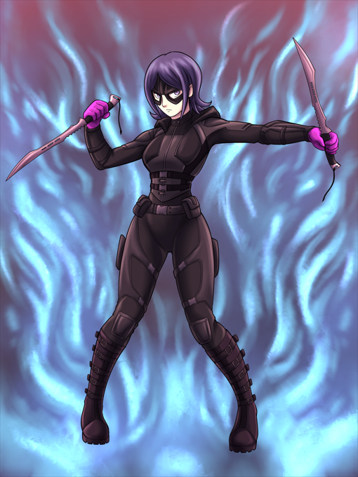 1girl blue_fire boots danganronpa:_trigger_happy_havoc danganronpa_(series) dual_swords female_focus fiery_background fire full_body gloves gothamscarecrow grey_eyes holding holding_sword holding_weapon ikusaba_mukuro looking_at_viewer persona persona_5 phantom_thief purple_gloves purple_hair sneaking_suit solo solo_focus standing sword weapon