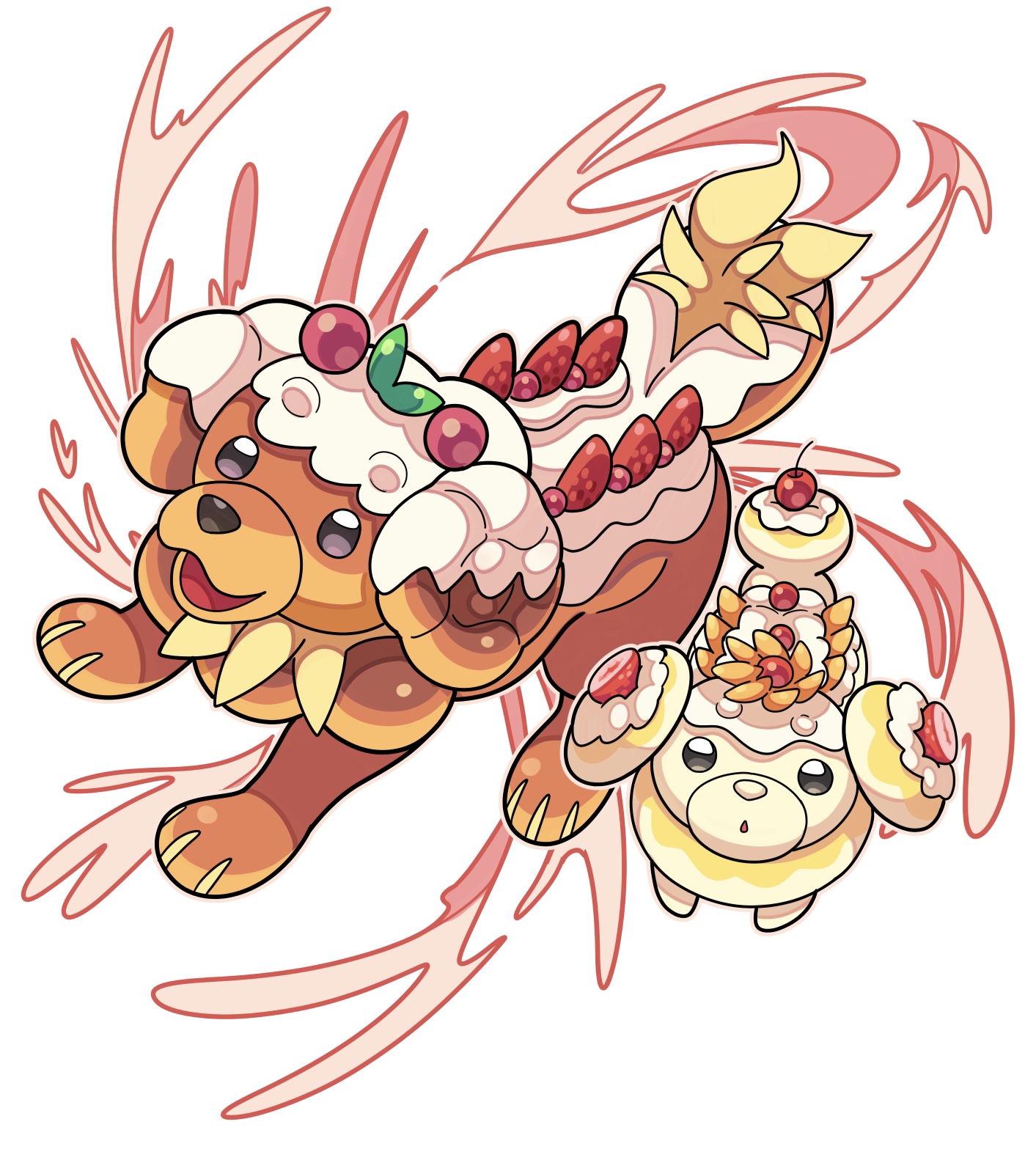 animal_focus commentary_request dachsbun dog evolutionary_line fidough food fruit highres icing nintendo no_humans open_mouth pokemon pokemon_(creature) pokemon_focus simple_background smile strawberry sutokame white_background