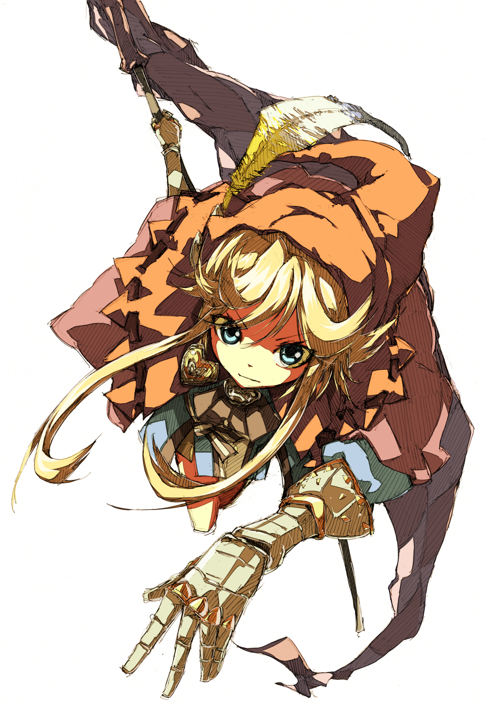 1girl blonde_hair blue_eyes cape feathers female_focus flag gauntlets grand_knights_history hat highres lisha_stalake page_(page1555) running simple_background solo white_background