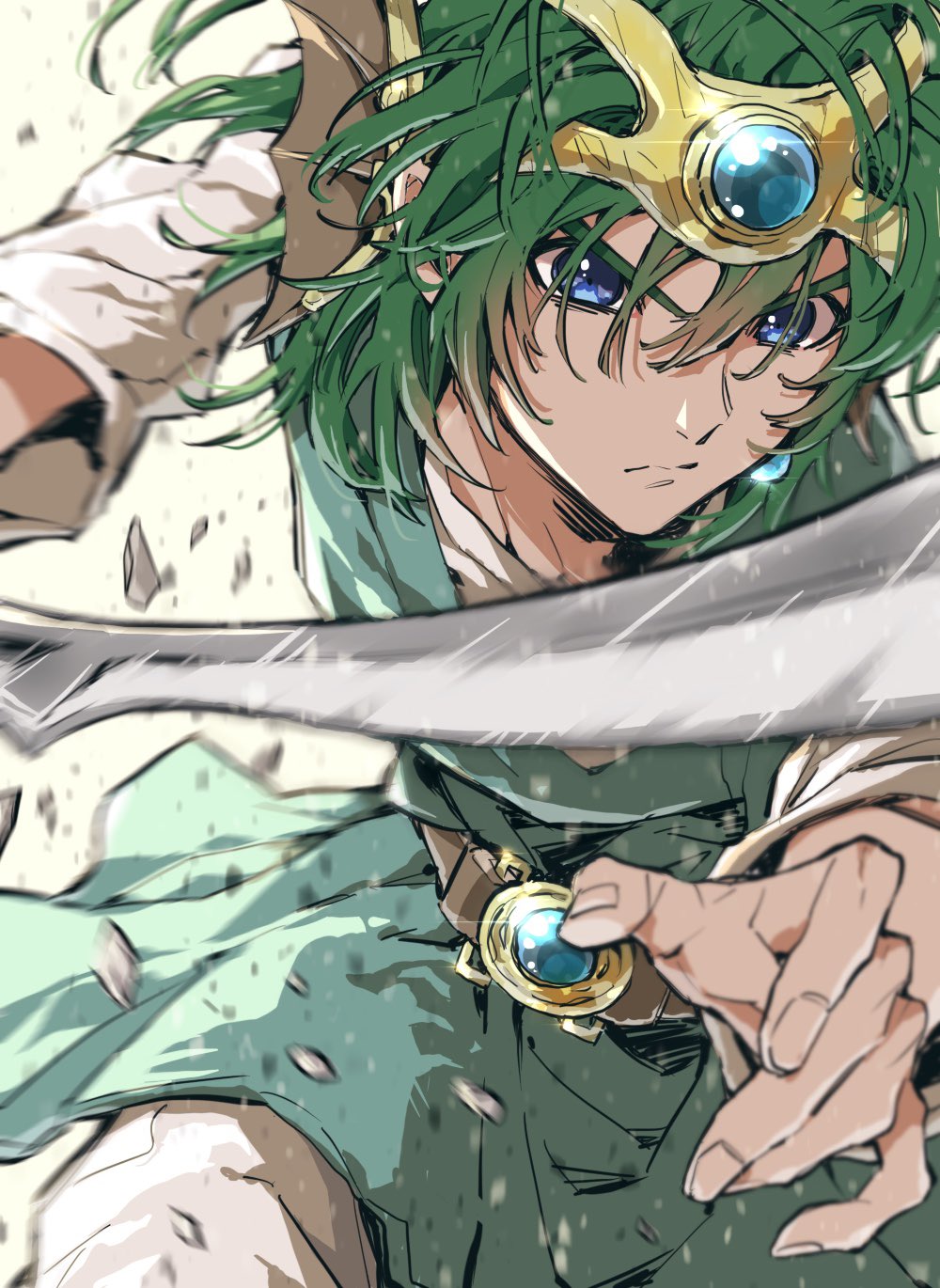 1boy aqua_tunic belt blue_eyes blurry closed_mouth commentary_request depth_of_field dragon_quest dragon_quest_iv earrings floating_clothes floating_hair frown gold_headdress green_hair hair_between_eyes hero_(dq4) highres holding holding_sword holding_weapon jewelry lapi267sc looking_at_viewer male_focus medium_hair motion_blur open_hand pants rock shirt single_earring solo sword tunic weapon white_background white_pants white_shirt