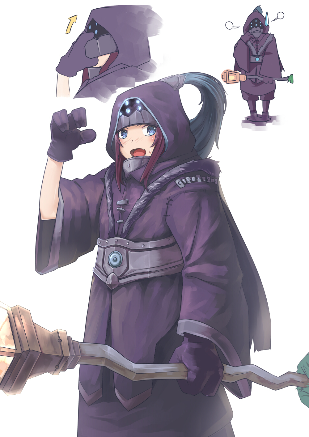 1girl blue_eyes blush female_focus gloves happy highres holding holding_weapon hood jax_(league_of_legends) league_of_legends long_sleeves looking_at_viewer open_mouth purple_gloves simple_background solo weapon zhainan_s-jun