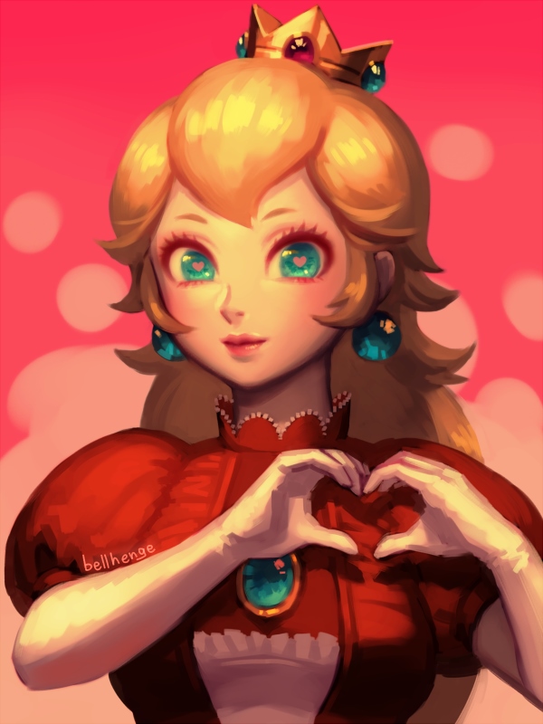 1girl alternate_color bellhenge blonde_hair crown dres dress female_focus gloves green_eyes heart heart-shaped_pupils long_hair mario_(series) moe_moe_kyun! nintendo princess_peach simple_background smile solo symbol-shaped_pupils
