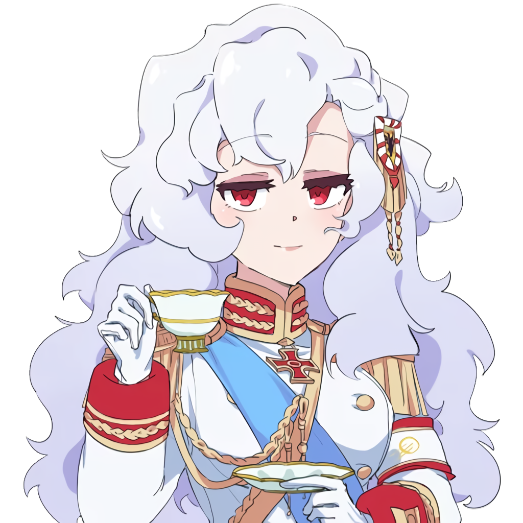 1girl aiguillette alpha_(alpha_1918) armband blue_sash buttons collar cross cross_pendant cup findoworld fluffy fluffy_hair gloves gold_buttons gold_trim hair_ornament half-closed_eyes holding holding_cup light_blush lips long_hair looking_at_viewer military military_uniform red_eyes russian_empire sash smirk solo sputnik_and_pogrom sticker tea teacup transparent transparent_background very_long_hair white_gloves white_hair