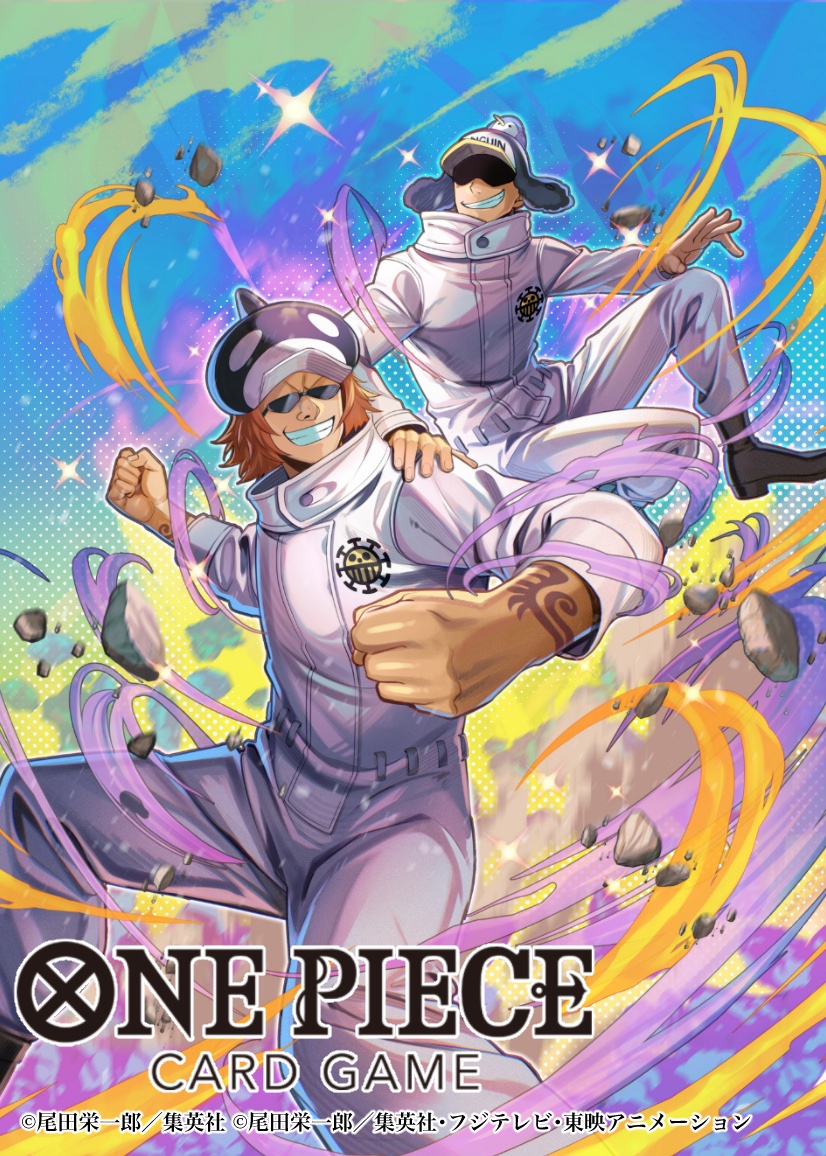 2boys bashikou black_boots boots clenched_hands clenched_teeth commentary_request debris hand_tattoo heart_pirates_jolly_roger jumpsuit male_focus multiple_boys official_art one_piece one_piece_card_game penguin_(one_piece) shachi_(one_piece) smile sparkle sunglasses tattoo teeth white_jumpsuit wind