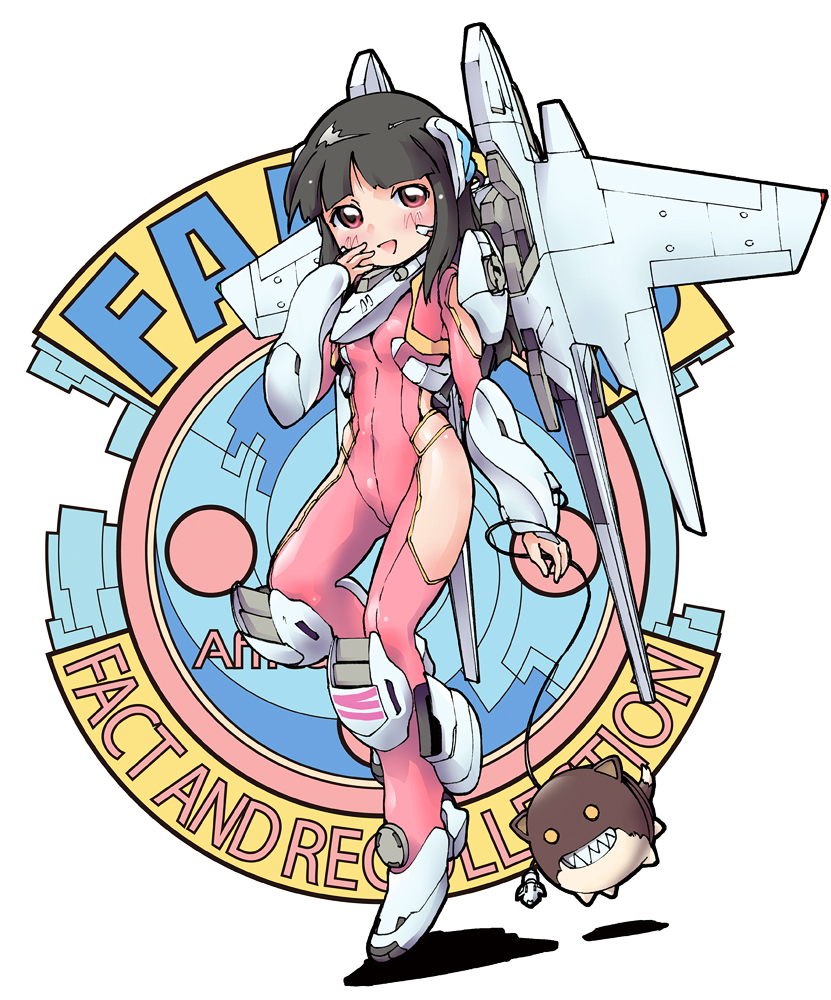10s 1girl :d armor black_hair blush body_blush bodysuit breasts cable chocolat_(fafner) clothing_cutout dog hazama_shouko hip_focus leg_cutout long_hair mark_sechs mecha_musume mecha_pilot_suit o_o open_mouth pilot_suit red_eyes sharp_teeth side_cutout skin_tight smile soukyuu_no_fafner synergetic_suit teeth washio_naohiro wings