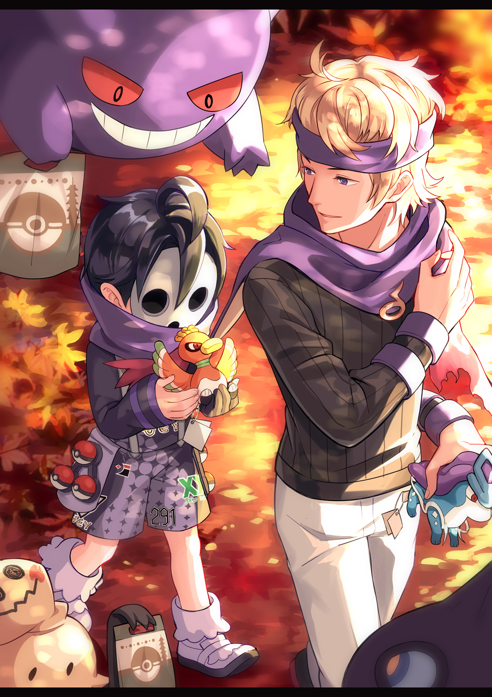 2boys ahoge allister_(pokemon) bag black_hair black_sweater blonde_hair character_doll chen_(1717) commentary_request doll game_freak gen_1_pokemon gen_2_pokemon gen_7_pokemon gengar gloves gym_leader headband highres ho-oh holding holding_doll legendary_pokemon long_sleeves male_focus mask mimikyu morty_(pokemon) multiple_boys nintendo outdoors pants paper_bag poke_ball poke_ball_(basic) pokemon pokemon_(creature) pokemon_hgss pokemon_swsh purple_eyes purple_scarf ribbed_sweater scarf shirt shoes shorts single_glove standing suicune suspender_shorts suspenders sweater white_pants