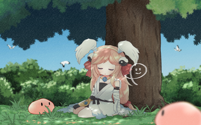 1girl arm_wrap belt black_belt blue_sky bow bug bush butterfly championship_belt clear_sky closed_eyes commentary_request commission day fake_wings full_body grass hair_bow head_wings insect long_hair official_alternate_costume open_mouth outdoors pink_hair pochiko_(poteko) poring ragnarok_online red_bow shirt skeb_commission sky sleeping sleeping_upright sleeveless sleeveless_shirt slime_(creature) solo sura_(ragnarok_online) tree under_tree white_butterfly white_shirt wings yin_yang_hair_ornament