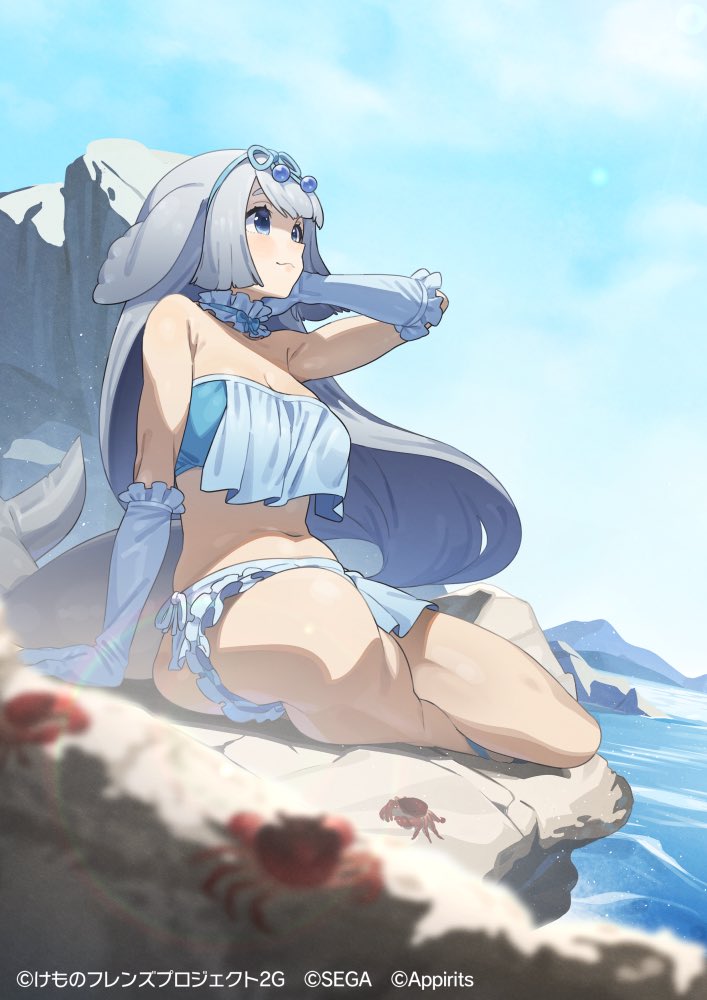 animal_ears arm_at_side arms_behind_head bare_shoulders bikini bikini_skirt blue_eyes blue_ribbon blue_sky blush breasts choker cleavage crab day dugong_(kemono_friends) elbow_gloves frilled_choker frilled_garter frilled_gloves frilled_thigh_strap frills from_side gloves grey_hair hair_ornament hair_ribbon hand_on_ground hand_up kemono_friends large_breasts long_hair looking_ahead navel nishiki_kazue official_art on_ground outdoors ribbon sitting sky smile swimsuit thigh_strap wavy_mouth white_bikini white_garter white_gloves