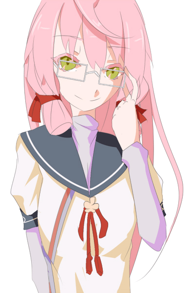 10s 1girl akashi_(kancolle) bespectacled female_focus glasses green_eyes hair_ribbon kantai_collection long_hair looking_at_viewer oki oki_(aki1381) pink_hair ribbon school_uniform serafuku smile solo tress_ribbon twintails