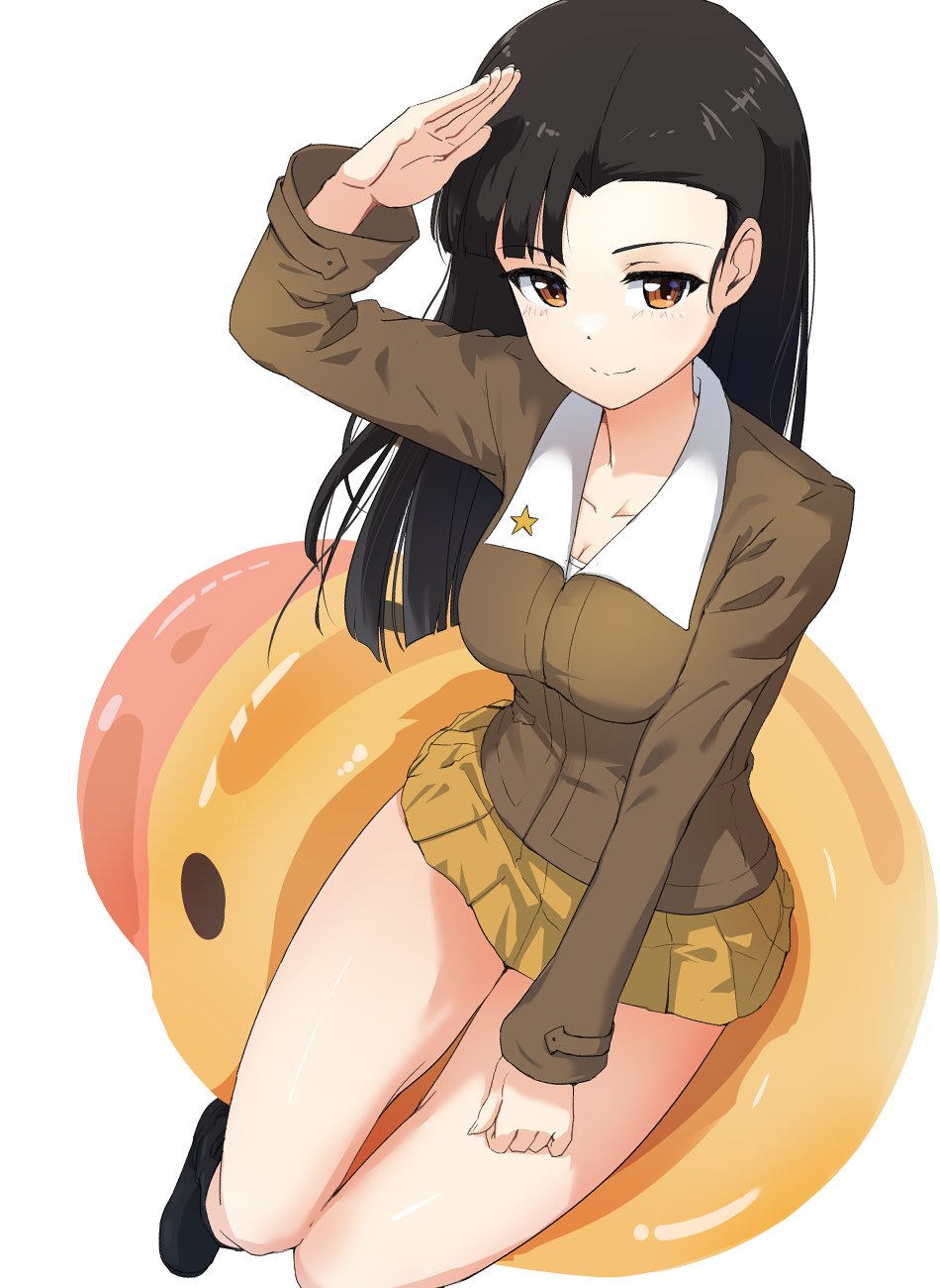1girl black_hair blush breasts brown_eyes buchikaki chi-hatan_military_uniform cleavage closed_mouth collarbone girls_und_panzer highres large_breasts long_hair looking_at_viewer military_uniform miniskirt nishi_kinuyo pleated_skirt salute simple_background skirt smile solo white_background yellow_skirt