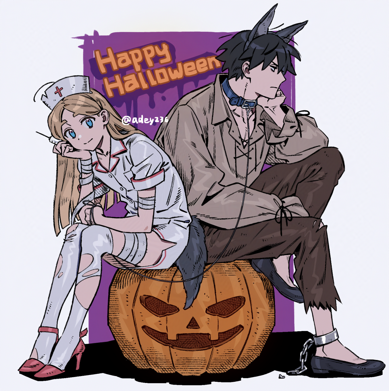 2boys animal_ears bandaged_arm bandaged_leg bandages black_hair black_shoes blonde_hair blue_eyes brown_pants closed_mouth commentary_request fake_animal_ears happy_halloween hat high_heels highres holding holding_syringe long_hair long_sleeves looking_at_viewer male_focus multiple_boys nurse nurse_cap original pants profile red_shoes shoes short_hair short_sleeves smile syringe ten_(lu2948d) thighhighs torn_clothes twitter_username white_thighhighs