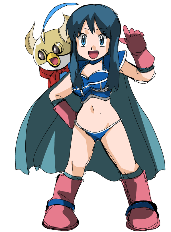 1girl armor armpits bare_legs bikini bikini_armor blue_eyes blue_hair breasts cape chi-chi_(dragon_ball) chi-chi_(dragon_ball)_(cosplay) cleavage cosplay dawn_(pokemon) dragon_ball female_focus game_freak gen_4_pokemon gloves gyuu_mao gyuu_mao_(cosplay) hainchu helmet legs long_hair matching_hair/eyes navel nintendo piplup pokemon pokemon_(anime) sketch solo swimsuit