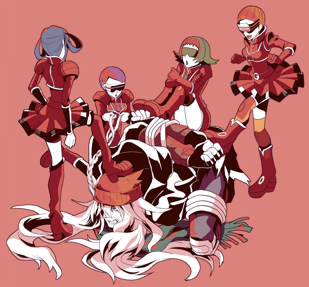 1boy 4girls aliana_(pokemon) az_(pokemon) blue_hair boots bound bound_arms bryony_(pokemon) celosia_(pokemon) green_hair hat head-mounted_display janis_(hainegom) kicking kneeling mable_(pokemon) multiple_girls nintendo orange_background orange_hair pokemon pokemon_xy purple_hair red_hat simple_background sitting sitting_on_person team_flare teeth
