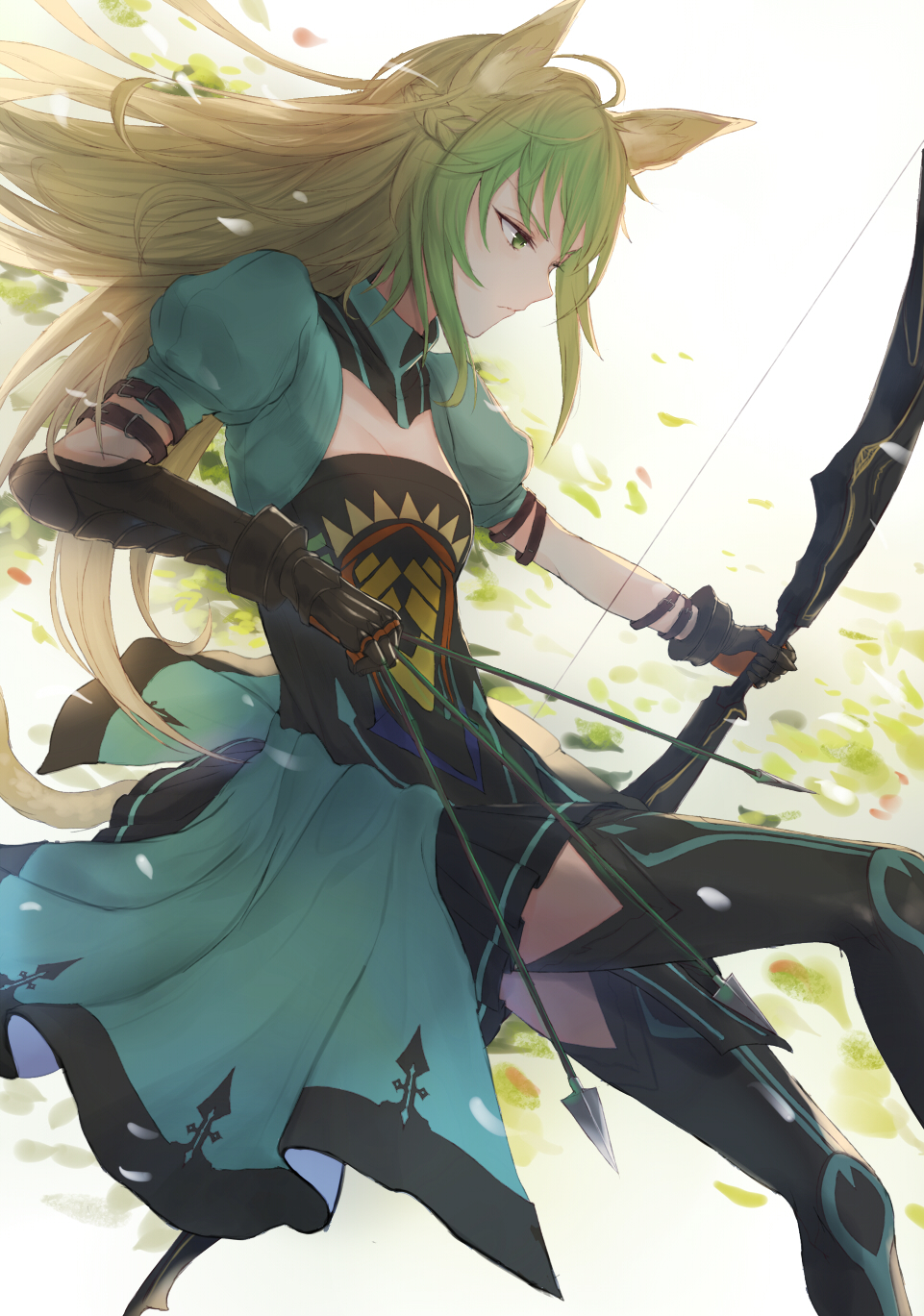 1girl ahoge animal_ears arrow_(projectile) atalanta_(fate) bodice boots bow_(weapon) braid cat_ears cat_tail fate/apocrypha fate_(series) female_focus gauntlets green_eyes green_hair highres holding holding_arrow holding_weapon kachi long_hair miniskirt multicolored_hair puffy_short_sleeves puffy_sleeves short_sleeves skirt solo tail thigh_boots thighhighs two-tone_hair weapon