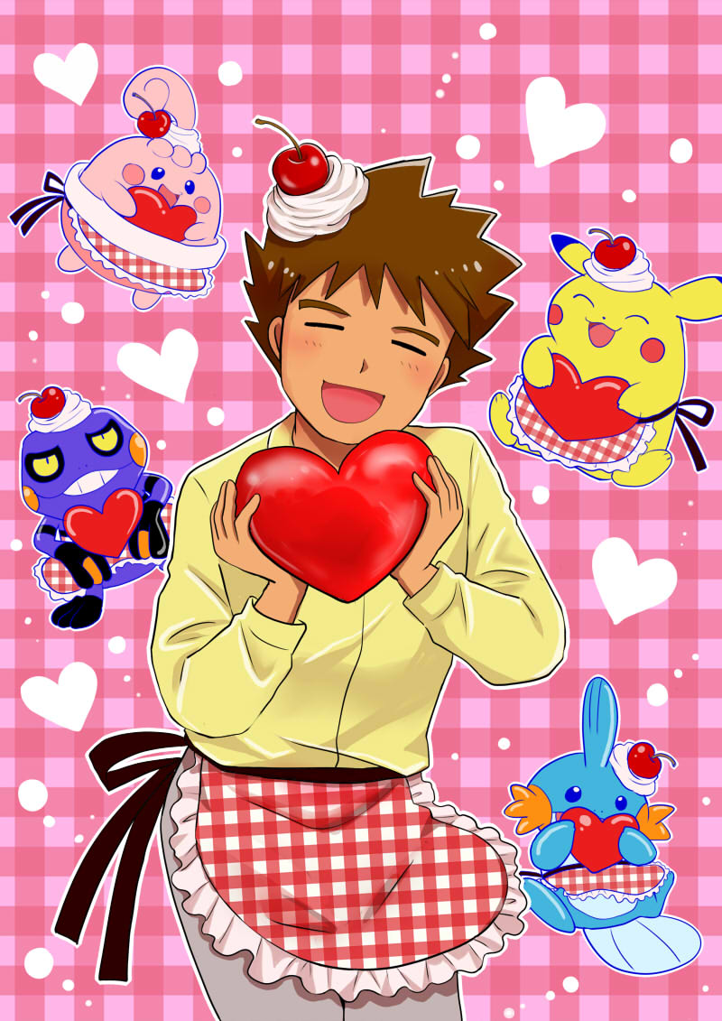 1boy apron blush brock_(pokemon) brown_hair cherry closed_eyes croagunk fins food fruit game_freak gen_1_pokemon gen_3_pokemon gen_4_pokemon happiny heart holding looking_at_viewer male_focus mudkip nintendo open_mouth pikachu pokemon pokemon_(anime) puijiro sitting smile standing valentine whipped_cream