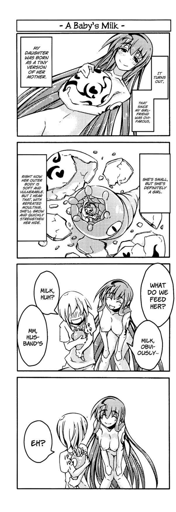 1boy 2girls 4koma age_difference baby comic egg english_text family father_and_daughter for-u hetero highres husband_and_wife incest larva monster_girl monster_girl_encyclopedia monster_girl_encyclopedia_ii mother_and_daughter multiple_girls nipples nude sandworm_(monster_girl_encyclopedia) size_difference smile
