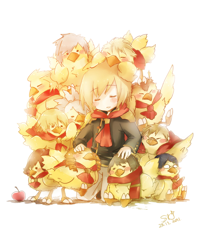 6+boys 6+girls ace_(fft-0) akademeia_uniform animalization blonde_hair brown_hair cape cater_(fft-0) chocobo cinque_(fft-0) deuce_(fft-0) eight_(fft-0) final_fantasy final_fantasy_type-0 jack_(fft-0) jacket king_(fft-0) kunagiri_machina kurasame_susaya long_hair multiple_boys multiple_girls nine_(fft-0) queen_(fft-0) scarf school_uniform seven_(fft-0) sice_(fft-0) silver_hair simple_background sleeping tokimiya_rem trey_(fft-0) white_background