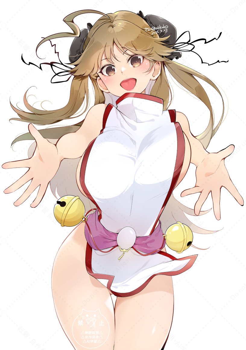 1girl ahoge bell blush breasts brown_eyes brown_hair commentary_request double_bun gluteal_fold hair_bun japanese_clothes jingle_bell kinako_(mzknk0) large_breasts large_ribbon lightning_ahoge long_hair mikagura_uniform miko no_panties nontraditional_miko open_mouth outstretched_arms renka_(senran_kagura) senran_kagura sideboob smile solo spread_arms tomoe_(symbol) white_background