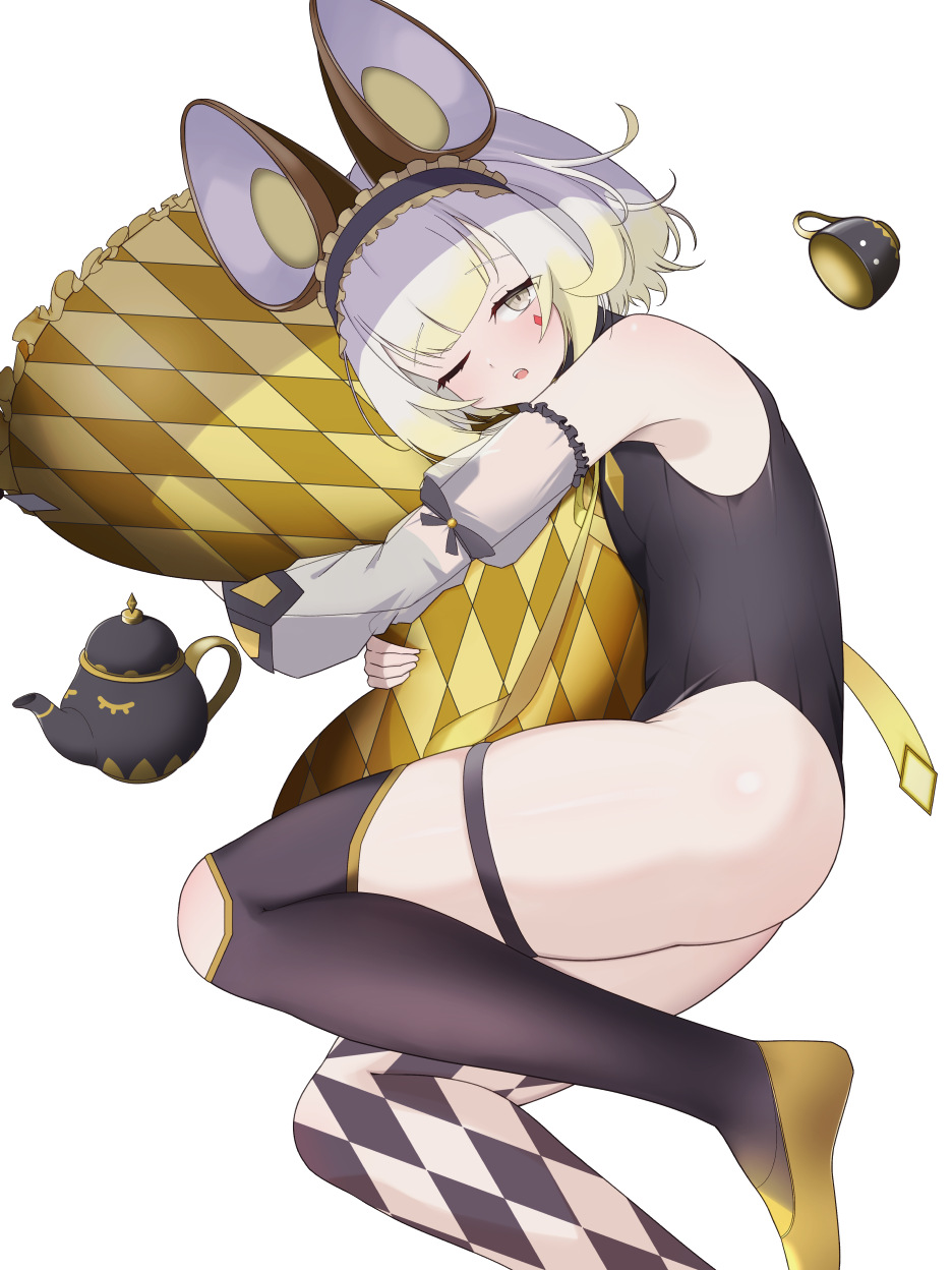 1girl animal_ears asymmetrical_legwear black_leotard blonde_hair checkered_clothes checkered_legwear checkered_pillow cup detached_sleeves duel_monster foot_out_of_frame frilled_hairband frills hairband half-closed_eyes highres hug hugging_object leotard looking_at_viewer maliss_&lt;p&gt;_dormouse modaeru_(555toyo) mouse_ears mouse_girl one_eye_closed open_mouth pillow pillow_hug pink_eyes see-through_clothes see-through_sleeves short_hair simple_background sleepy solo teacup teapot thighs white_background yu-gi-oh!
