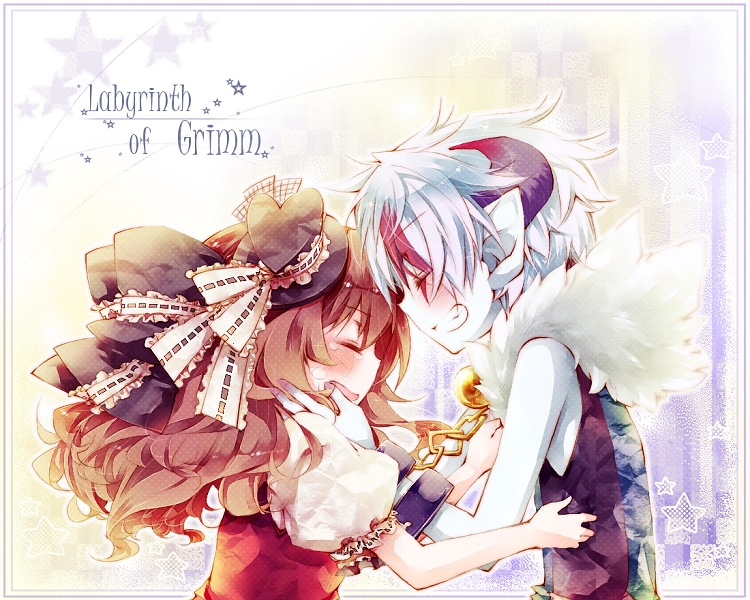 1boy 1girl amamiya_kabosu bad_id bad_pixiv_id border brown_hair closed_eyes crying dress frills gradient_background henrietta_grimm hetero hug muma tears white_hair zettai_meikyuu_grimm