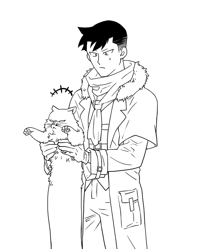 1boy affliction_(darkest_dungeon) ascot bandana coat darkest_dungeon gloves greyscale highwayman_(darkest_dungeon) longcat_(meme) meme monochrome overcoat pants short_hair sketch varamill