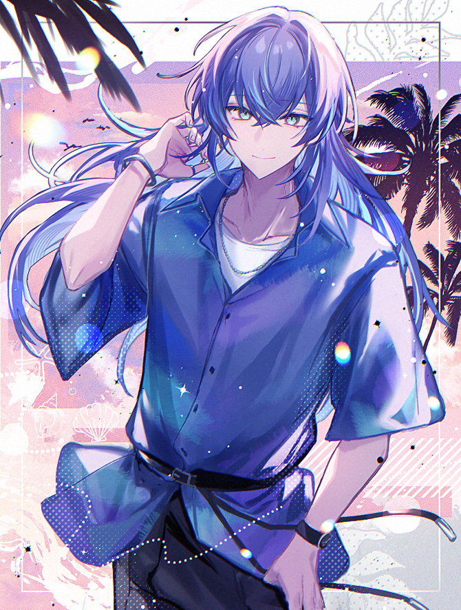 1boy aqua_eyes belt belt_buckle black_belt blue_hair blue_shirt bracelet buckle buttons chain chain_necklace clam_shell closed_mouth commentary conch crossed_bangs grey_background hair_between_eyes hand_up hoshirube_sho jewelry kill_schwa long_hair looking_at_viewer male_focus multicolored_clothes multicolored_hair multicolored_shirt necklace nijisanji palm_tree pink_background purple_hair purple_shirt seashell shell shirt short_sleeves simple_background smile solo streaked_hair symbol-only_commentary thumb_in_pocket tree undershirt virtual_youtuber watch white_shirt wristwatch
