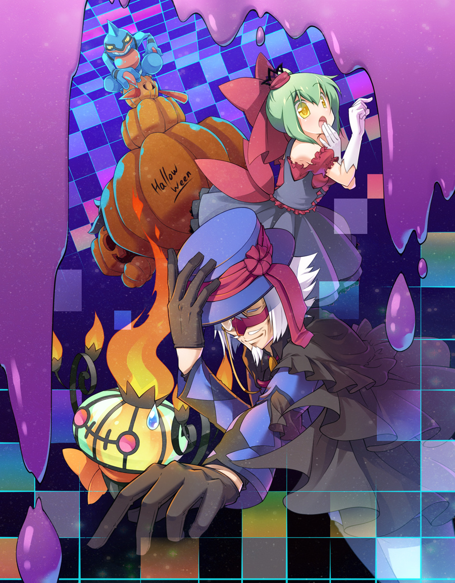 1boy 1girl black_cape black_dress black_gloves blue_shirt cape chandelure chiyo_(195815) comedic_sweatdrop dress facial_hair fire gen_4_pokemon gen_5_pokemon gloves goatee green_hair halloween jack-o&#039;-lantern mask monocle old old_man pixiv_trainer pumpkin shirt slime_(substance) surprised toxicroak white_gloves white_hair yellow_eyes