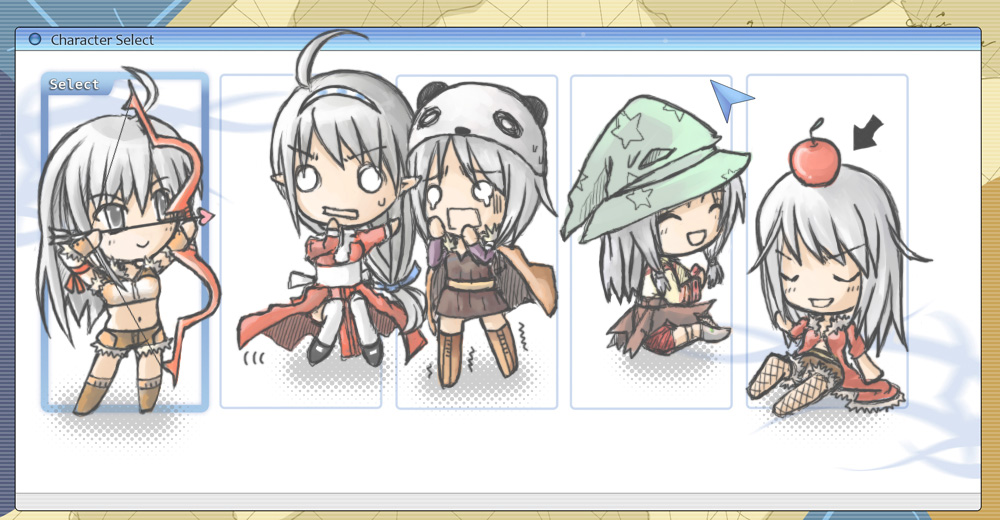 5girls ahoge alchemist_(ragnarok_online) apple_on_head armband arrow_(projectile) blue_hairband boots bow_(weapon) brown_boots brown_cape brown_dress brown_gloves brown_shirt brown_shorts brown_skirt cape character_select chibi chibi_only closed_eyes closed_mouth coat commentary_request crop_top cursor drawing_bow dress fingerless_gloves fishnet_pantyhose fishnets full_body fur-trimmed_coat fur-trimmed_gloves fur-trimmed_shirt fur-trimmed_shorts fur_collar fur_trim gloves green_hat grey_hair hairband hat high_priest_(ragnarok_online) holding holding_bow_(weapon) holding_weapon juliet_sleeves long_hair long_sleeves looking_at_another multiple_girls o_o open_mouth panda_hat pantyhose puffy_sleeves ragnarok_online red_coat red_dress rogue_(ragnarok_online) sash scared shirt shorts skirt sleeveless sleeveless_shirt smile sniper_(ragnarok_online) soul_linker_(ragnarok_online) star_(symbol) star_print thighhighs two-tone_dress weapon white_dress white_sash white_thighhighs witch_hat yuina_(yuina_h)