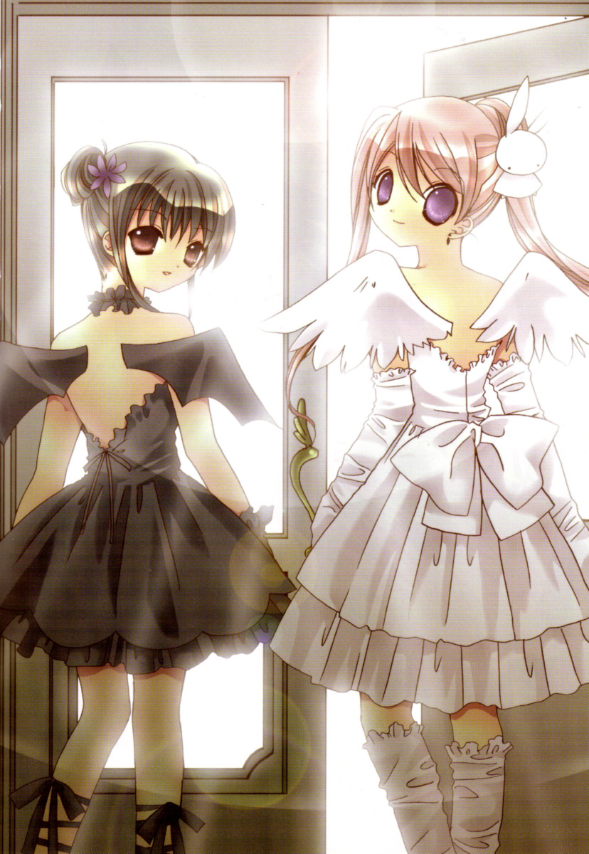 2girls angel bare_back bat_wings black_dress black_gloves black_hair bow rabbit_hair_ornament demon door dress earrings elbow_gloves flower from_behind gloves hair_bun hair_flower hair_ornament highres jewelry koge_donbo long_hair looking_at_viewer looking_back misha misha_(pita_ten) multiple_girls official_art pink_hair pita_ten purple_eyes scan shia shia_(pita_ten) single_hair_bun twintails white_dress white_gloves wings