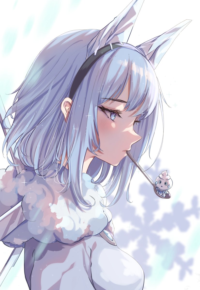 1girl black_hairband blue_eyes blue_hair breasts eyelashes fire_emblem fire_emblem_heroes from_side fur_collar fuussu_(21-kazin) gen_5_pokemon hairband highres ice ice_horns light_blue_hair medium_breasts medium_hair nifl_(fire_emblem) nintendo pokemon pokemon_(creature) spoon utensil_in_mouth vanillite