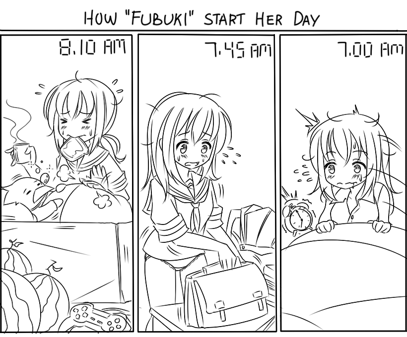 &gt;_&lt; 1boy 1girl =_= admiral_(kancolle) alarm_clock bag bird bookbag bread bread_slice clock english_text flustered food food_in_mouth fruit fubuki_(kancolle) greyscale guin_guin hair_down kantai_collection long_hair melon messy_hair monochrome mouth_hold neckerchief no_pants non-human_admiral_(kancolle) nose_bubble panties patting penguin ponytail school_uniform serafuku skirt sleeping toast toast_in_mouth underwear unworn_skirt waking_up