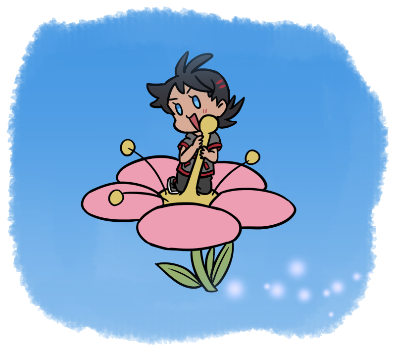 1boy :d antenna_hair black_hair black_pants blue_eyes commentary_request day flabebe flower gen_6_pokemon goh_(pokemon) grey_footwear grey_shirt holding light_blush looking_to_the_side male_focus mini_person miniboy nintendo no_pupils open_mouth outdoors pants pink_flower pokemon pokemon_(anime) pokemon_journeys shirt shoes short_sleeves shuan_0420 smile