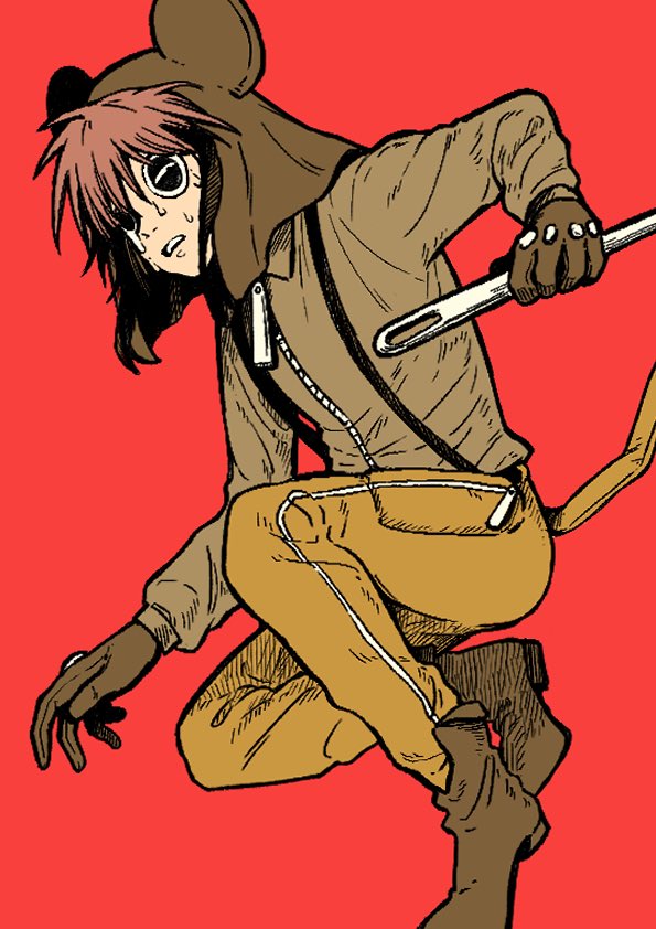 1boy 6yo2u2 black_eyes boots brown_gloves brown_hair brown_jacket commentary_request fake_tail gloves holding holding_needle jacket looking_at_viewer male_focus military_uniform mouse_hat needle parted_lips present_day_problem_takeuchi_robert randal&#039;s_friends red_background sewing_needle short_hair simple_background solo squatting suspenders sweat tail teardrop