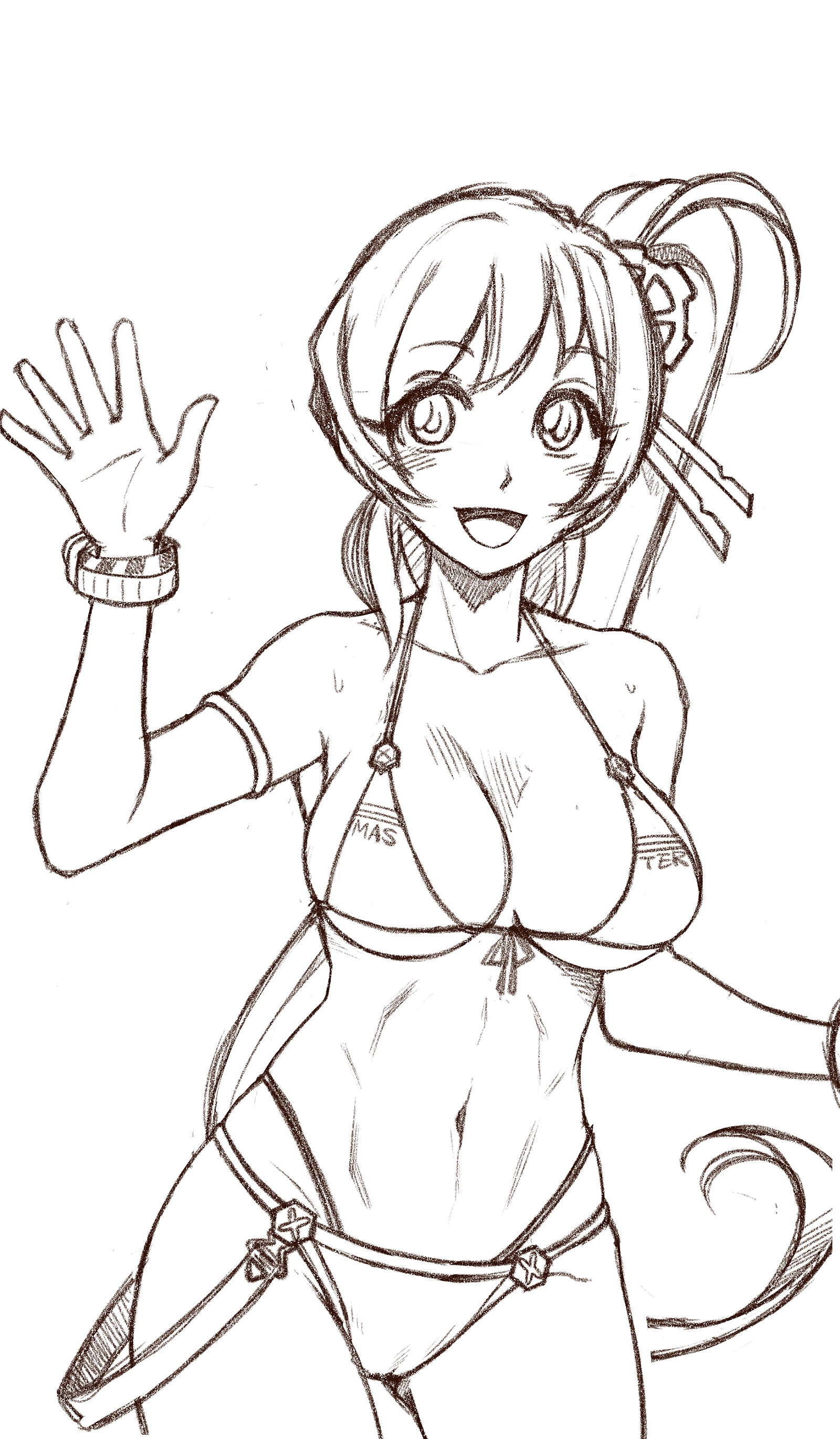 absurdres banghwadongjopidi bikini blush bracelet breasts cameltoe clothes_writing collarbone commentary_request cowboy_shot english_text front-tie_bikini_top front-tie_top gear_hair_ornament greyscale hand_up high_side_ponytail highres jeanie_(master_of_eternity) jewelry korean_commentary linea_alba long_hair looking_at_viewer master_of_eternity medium_breasts monochrome navel open_mouth partial_commentary simple_background sketch skindentation smile string_bikini swept_bangs swimsuit underboob unfinished very_long_hair waving wet white_background