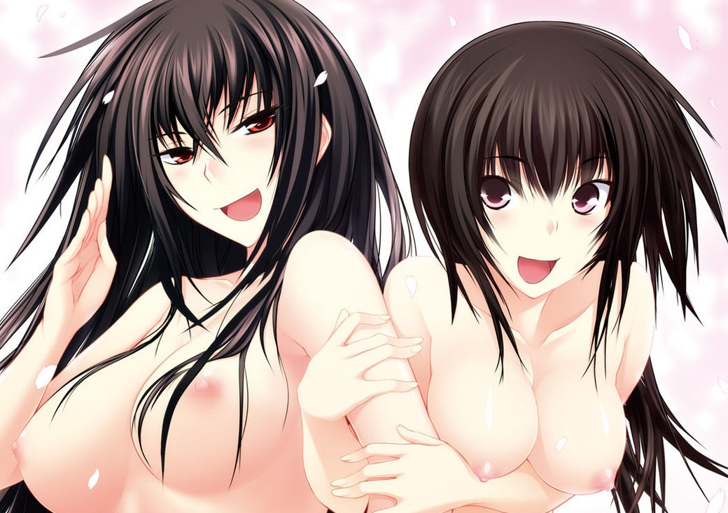 2girls black_hair breasts hand_up kawagishi_keitarou kawakami_momoyo long_hair looking_at_viewer looking_to_the_side maji_de_watashi_ni_koi_shinasai! maji_de_watashi_ni_koi_shinasai!_s matsunaga_tsubame multiple_girls non-web_source nude pink_background pink_eyes red_eyes smile