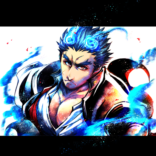 1boy bara black_border blue_fire blue_hair border collared_shirt commentary_request cross_scar facial_scar fiery_horns fire forked_eyebrows furrowed_brow gakuran hair_slicked_back horns kano_(kano_to10) large_pectorals letterboxed light_particles long_sideburns looking_at_viewer male_focus muscular muscular_male outside_border partially_unbuttoned pectoral_cleavage pectorals red_eyes revision sakimori_toji scar scar_on_cheek scar_on_face school_uniform serious shirt short_hair sideburns solo thick_eyebrows tokyo_houkago_summoners upper_body white_background white_shirt