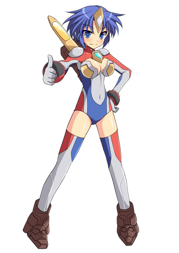1girl armor armored_boots blue_eyes blue_hair blue_leotard blue_thighhighs blush boots breasts brown_footwear cleavage cleavage_cutout clothing_cutout color_timer cross_(crossryou) gloves gold_armor grey_armor grey_gloves grey_leotard grey_thighhighs hand_on_own_hip leotard looking_at_viewer medium_breasts red_leotard red_thighhighs reflasher short_hair shoulder_pads smile standing thighhighs thumbs_up ultra_series ultraman_dyna ultraman_dyna_(series) white_background wristband