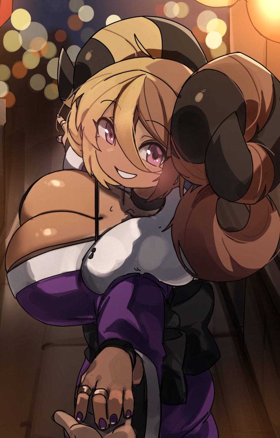 1girl 1other ahoge aife_(zana) black_choker black_horns black_sash blonde_hair blurry bokeh breasts brown_hair choker cleavage dark-skinned_female dark_skin depth_of_field hair_between_eyes highres holding_hands horns huge_breasts japanese_clothes jewelry kimono large_horns looking_at_viewer new_year original outdoors pointing purple_eyes purple_kimono purple_nails ring sash smile teeth zanamaoria