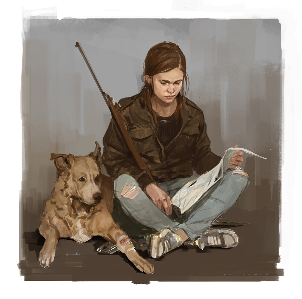 1girl ashley_swidowski black_shirt brown_hair concept_art dog ellie_(the_last_of_us) gun indian_style jacket looking_at_map official_art ponytail rifle torn_jeans shirt shoes simple_background sitting sneakers solo the_last_of_us_(series) the_last_of_us_2 weapon