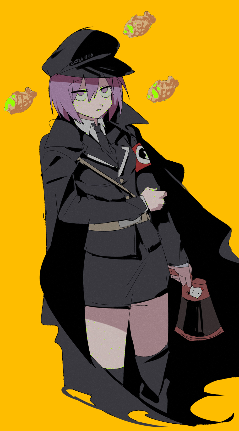 1girl armband black_hat black_jacket black_necktie black_skirt black_thighhighs broken_heart_print chinese_commentary collared_shirt commentary_request cookie_(touhou) feet_out_of_frame food geru_futota hair_between_eyes hat highres holding holding_megaphone jacket ling_s long_sleeves megaphone military military_uniform miniskirt necktie open_mouth orange_background peaked_cap purple_eyes purple_hair remilia_scarlet shirt short_hair skirt solo taiyaki the_chicken_that_appears_in_the_middle_of_cookie thighhighs touhou wagashi white_shirt