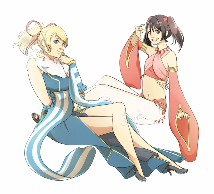 2girls \m/ alternate_color animal animal_around_neck arm_under_breasts ayase_eli bikini black_hair black_shoes blonde_hair blue_dress blue_eyes blue_sleeves breasts chasewalk closed_mouth commentary detached_sleeves dress english_commentary flat_chest fox full_body gem green_gemstone gypsy_(ragnarok_online) hair_ribbon harem_pants high_heels high_ponytail long_hair looking_at_viewer love_live! love_live!_school_idol_project medium_breasts medium_hair multiple_girls open_mouth pants pelvic_curtain pink_bikini pink_sleeves ponytail professor_(ragnarok_online) ragnarok_online red_eyes ribbon shoes simple_background sleeveless sleeveless_dress smile striped_sleeves swimsuit twintails white_background white_pants white_sleeves yazawa_nico