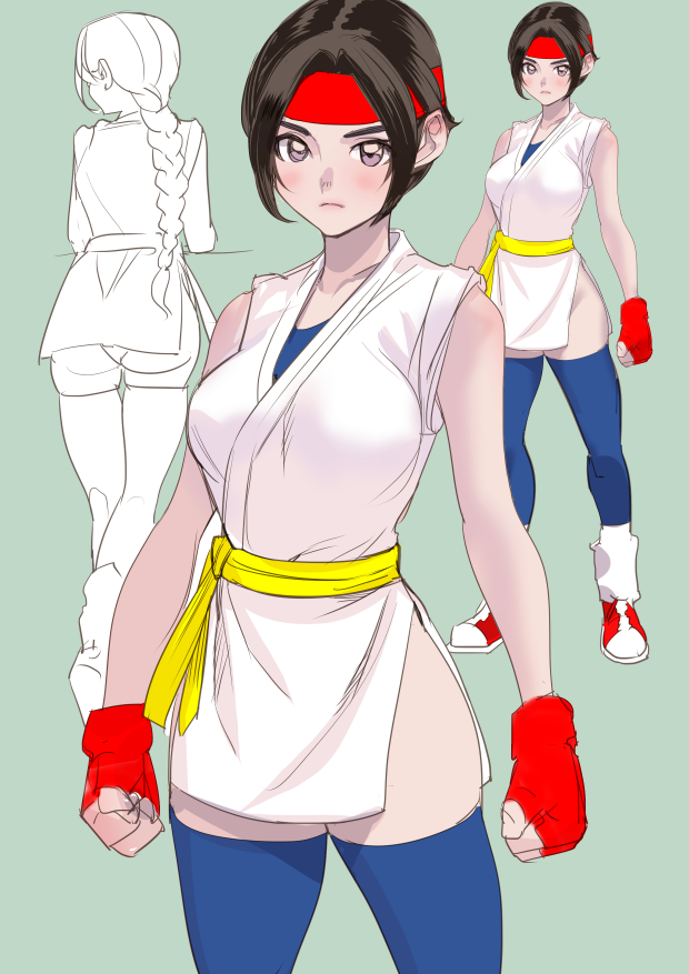 1girl ass braid breasts brown_eyes brown_hair closed_mouth dougi dytm fingerless_gloves gloves headband looking_at_viewer monochrome red_headband ryuuko_no_ken shoes short_hair simple_background single_braid sneakers solo the_king_of_fighters yuri_sakazaki