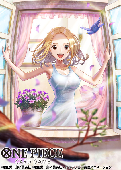 1girl bird blonde_hair brown_eyes commentary_request copyright_name cowboy_shot curtains dress falling_petals floating_hair haru_(toyst) kaya_(one_piece) looking_at_viewer medium_hair official_art one_piece one_piece_card_game open_mouth petals plant potted_plant sleeveless sleeveless_dress smile solo